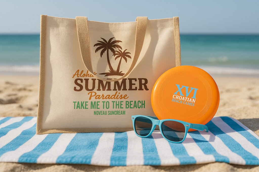 gadget promozionali estivi con borsa mare, frisbee e occhiali da sole sulla spiaggia.