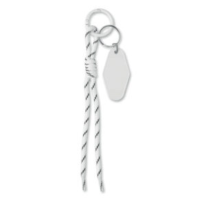 CO0430 Bianco Portachiavi in corda con targhetta personalizzabile e anello in bianco